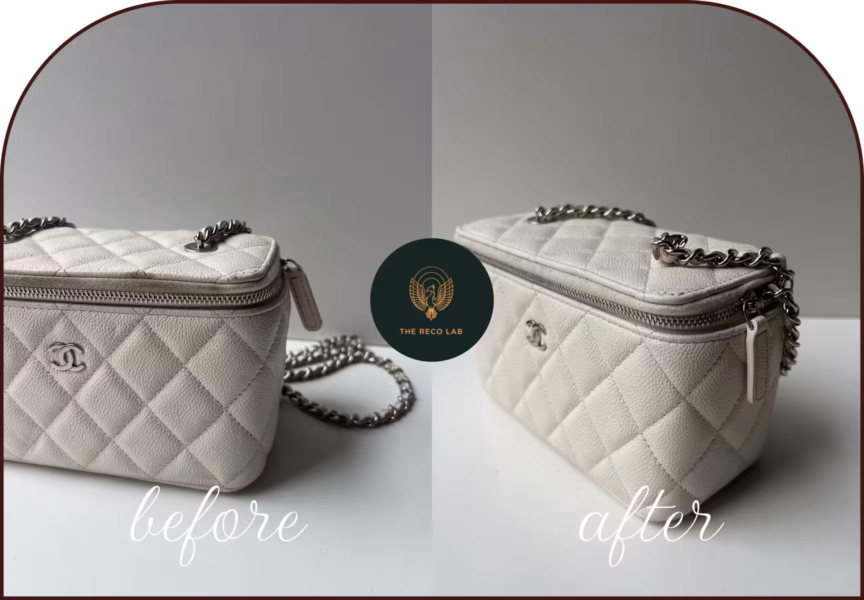 White Chanel caviar leather vanity case, before and after cleaning and leather restoration by The Reco Lab