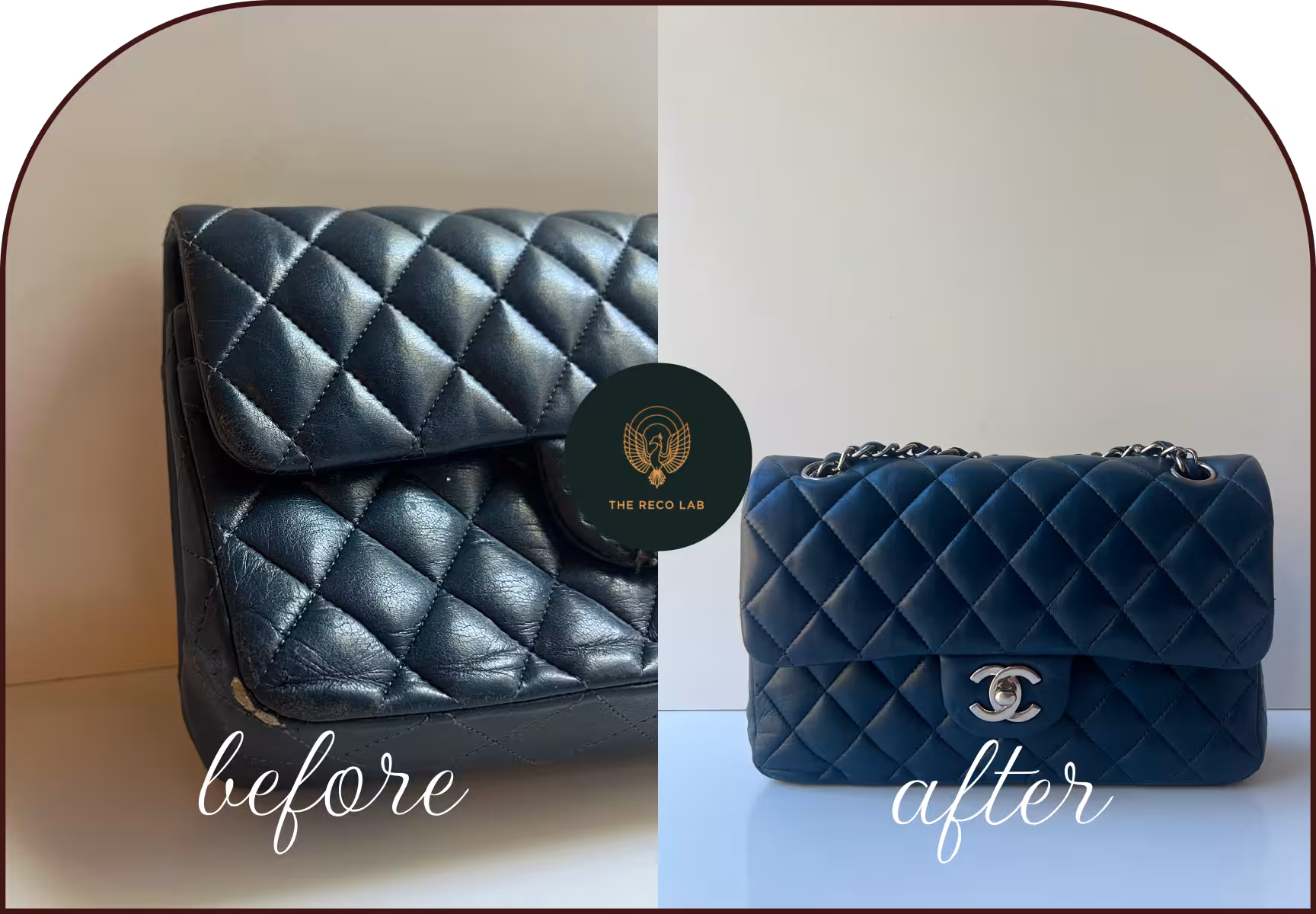 Dark Chanel lambskin flap bag, before and after leather restoration and colour revival by The Reco Lab