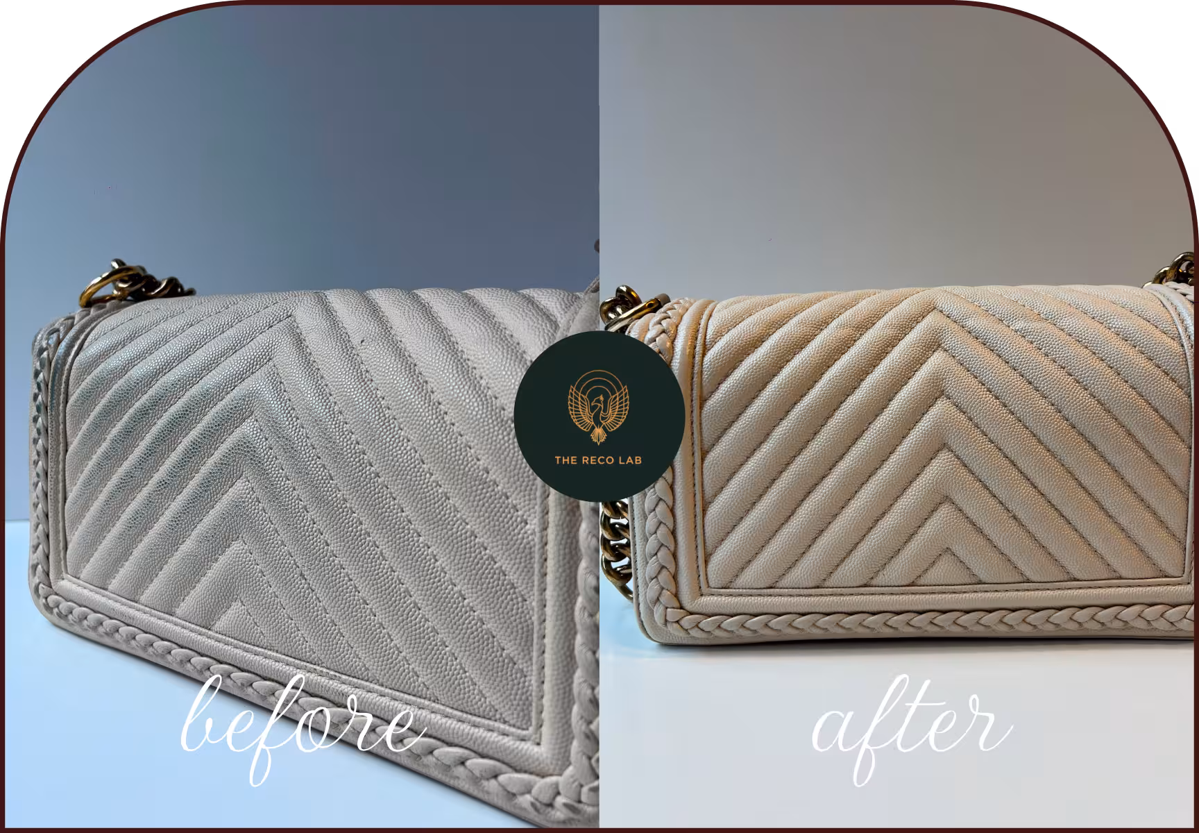 Chanel Boy bag in caviar leather, before and after colour restoration by The Reco Lab