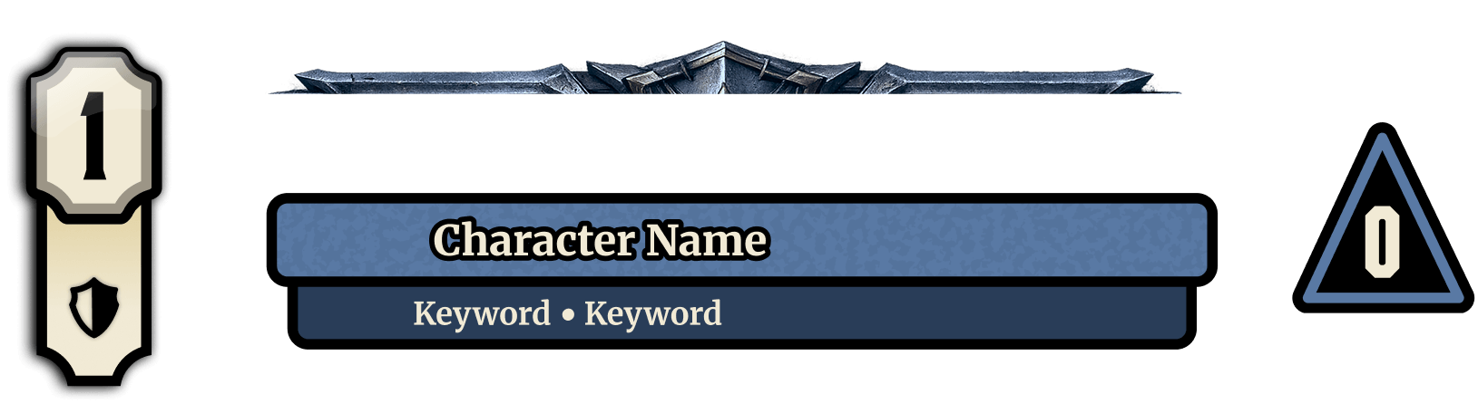 This image illustrates the top name bar area of a character card. The elements are spread out as to illustrate what will be designed for that component within the course.