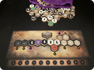 RoH Battle Ark prototype board with numbered and colored hexagonal tiles laid out.