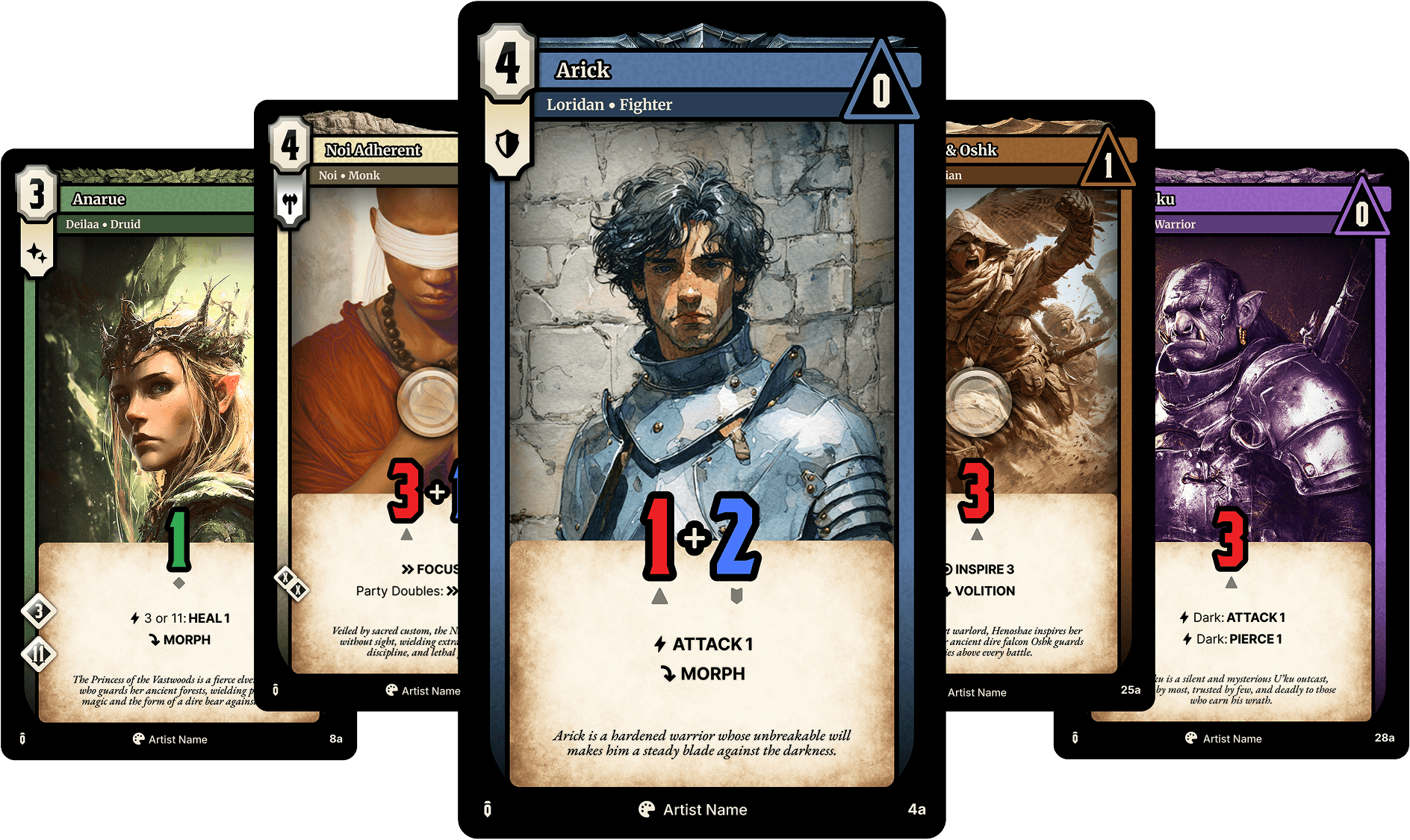 Five fantasy character card designs showing different character classes and abilities.