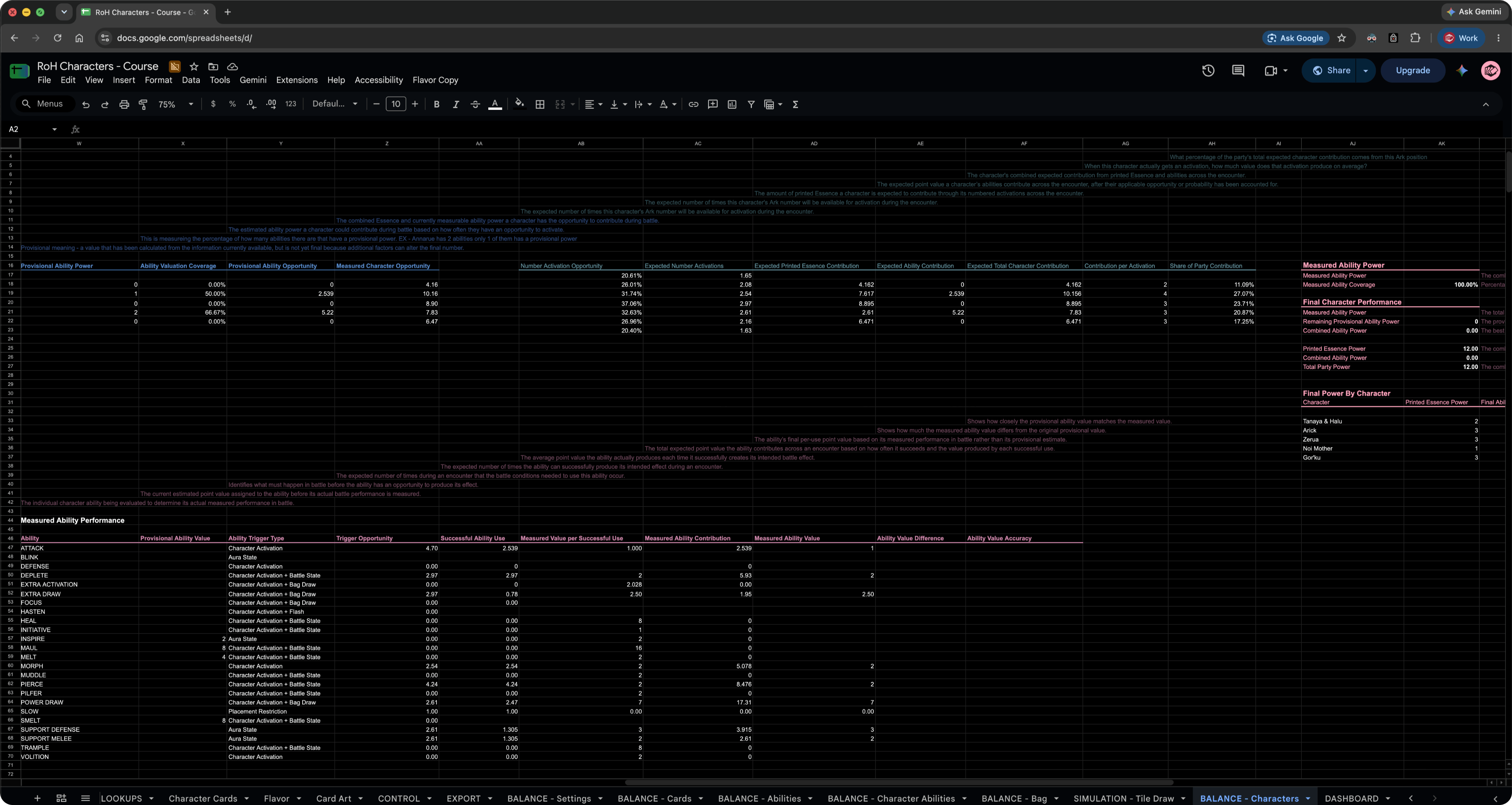 Image of Google Sheets data and balance analytics and character baseline data set up for the example game for course 03 data.