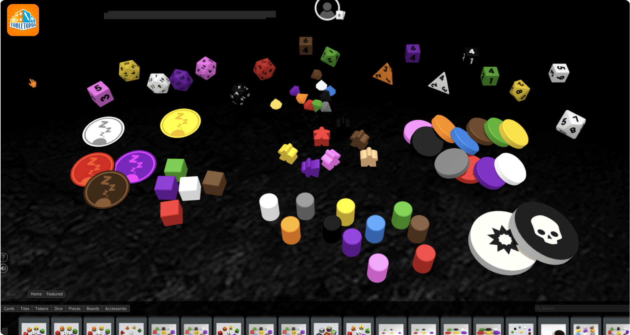 Tabletopia image of many of the assets Tabletopia offers users in the workshop.