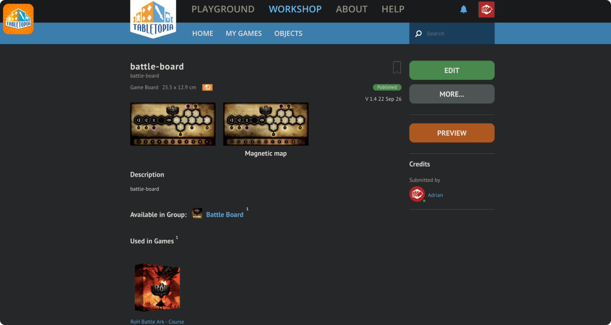 Tabletopia image of setting an object for the example board game for this course.