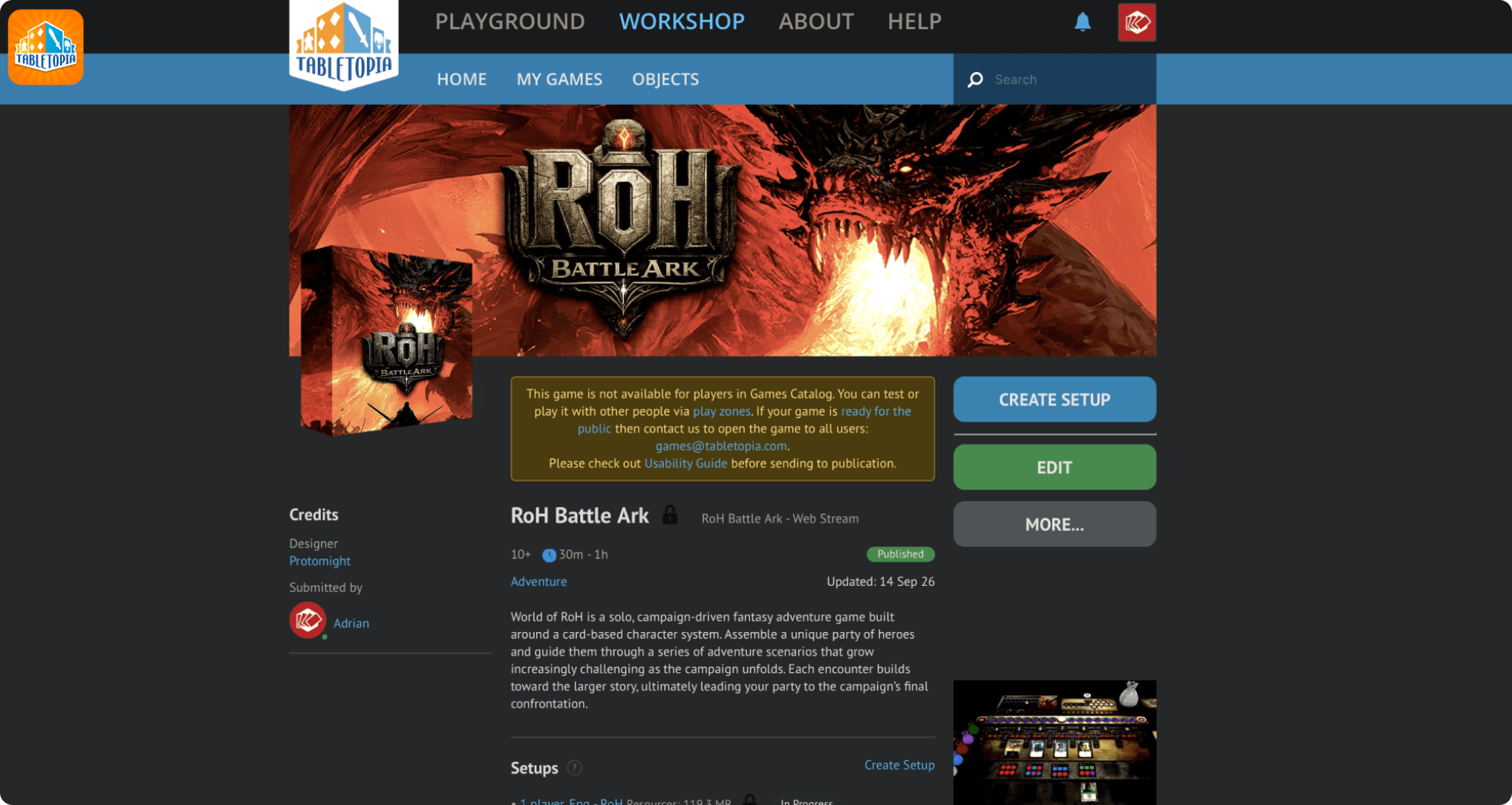 Image of the Tabletopia settings page for the example game of this course from course 04