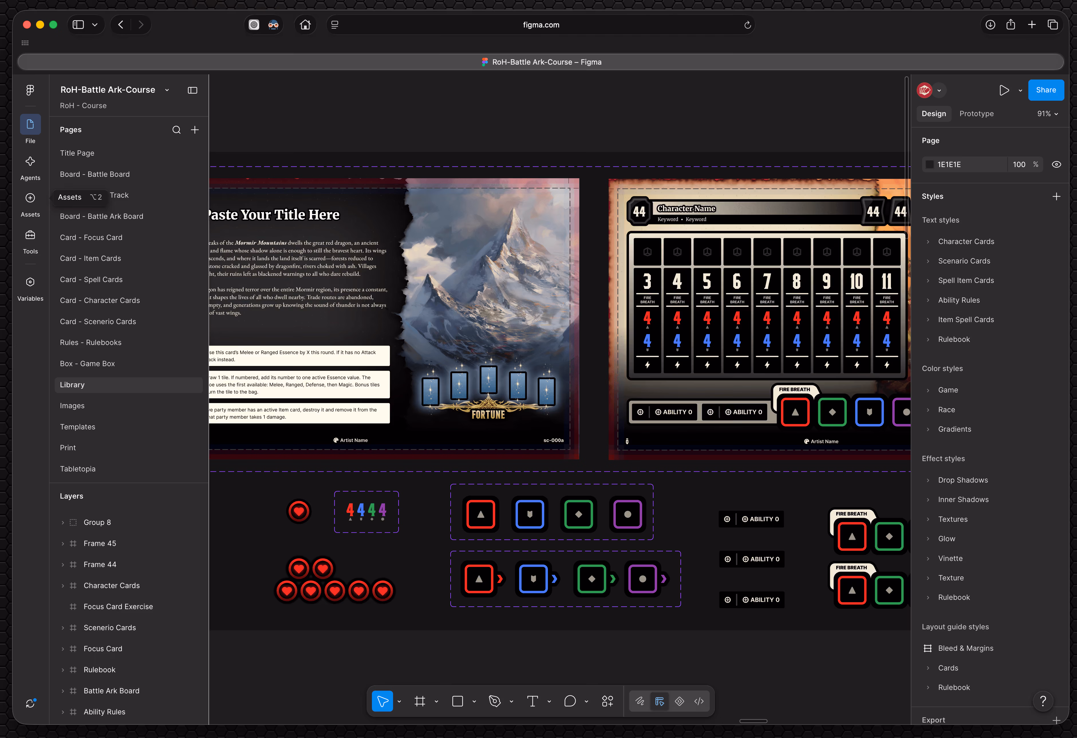 This is a screen shot of the Tabletop Game design in Figma concerning Components and Figma libraries for Course 02.
