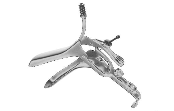 Metallic gynecological speculum used for vaginal examinations.