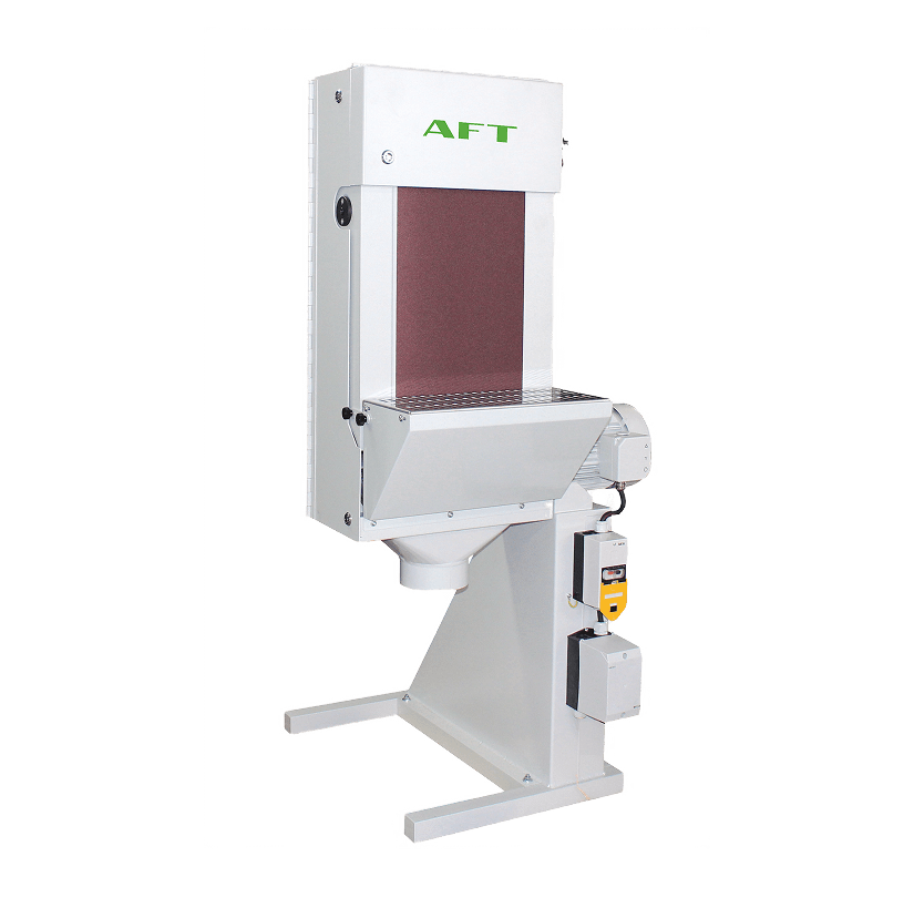 Vertical belt sanding machine with AFT logo, featuring a sanding belt and a large angled table component.