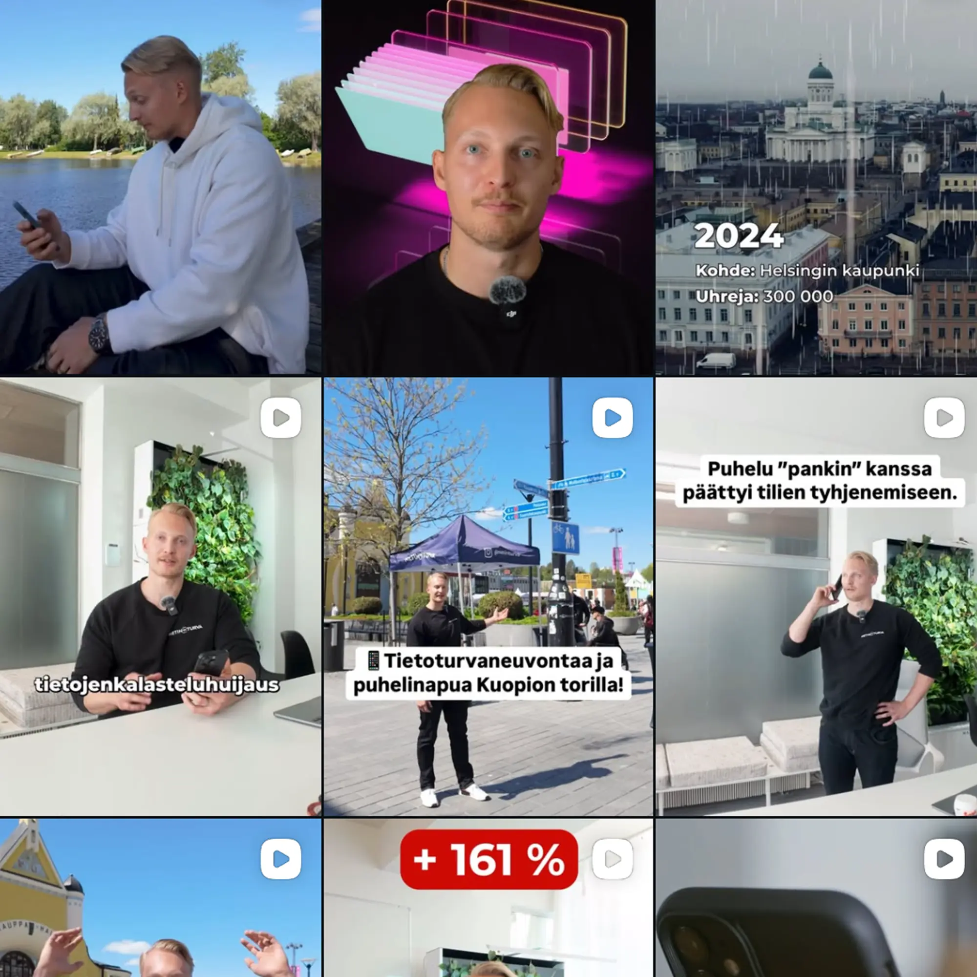 Grid of nine images featuring a man demonstrating phone security advice and locations in different settings.