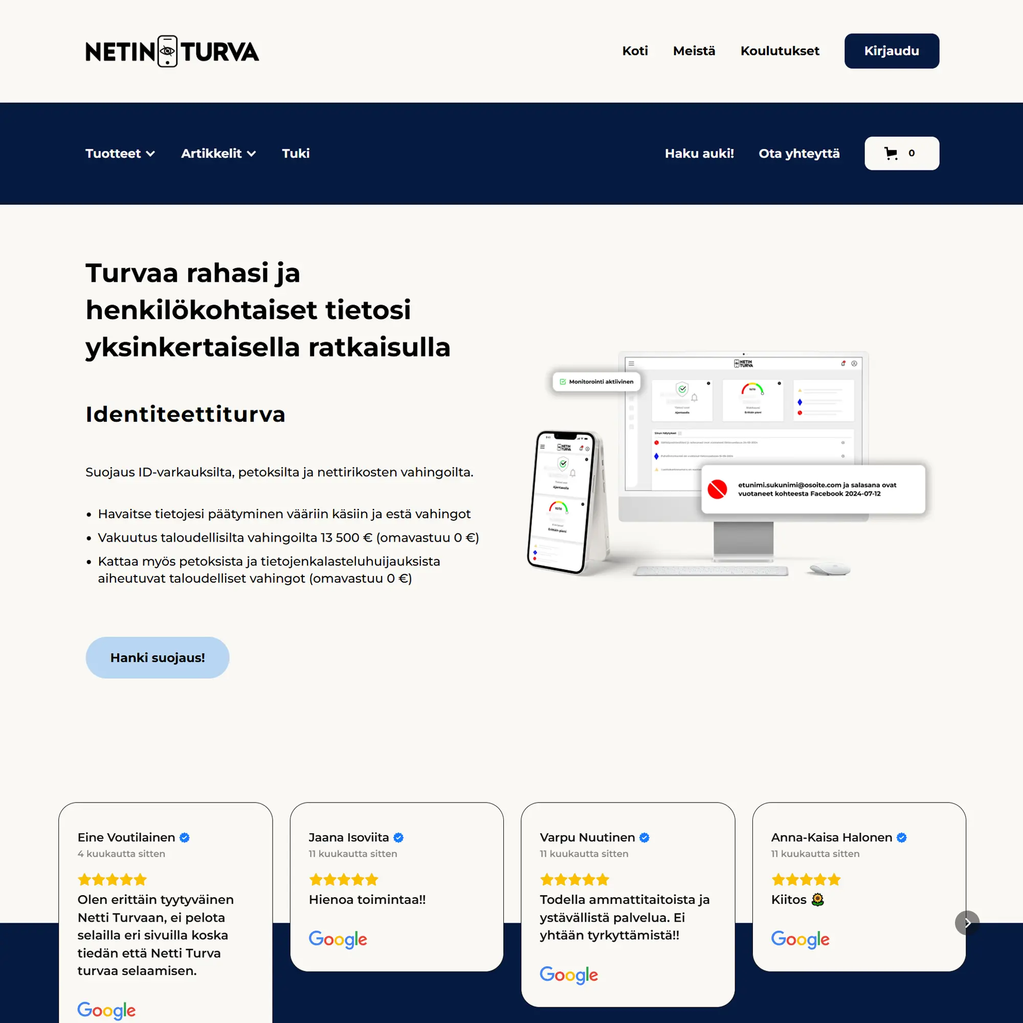 NettiTurva homepage in Finnish showing identity protection info, device screenshots, and customer reviews.