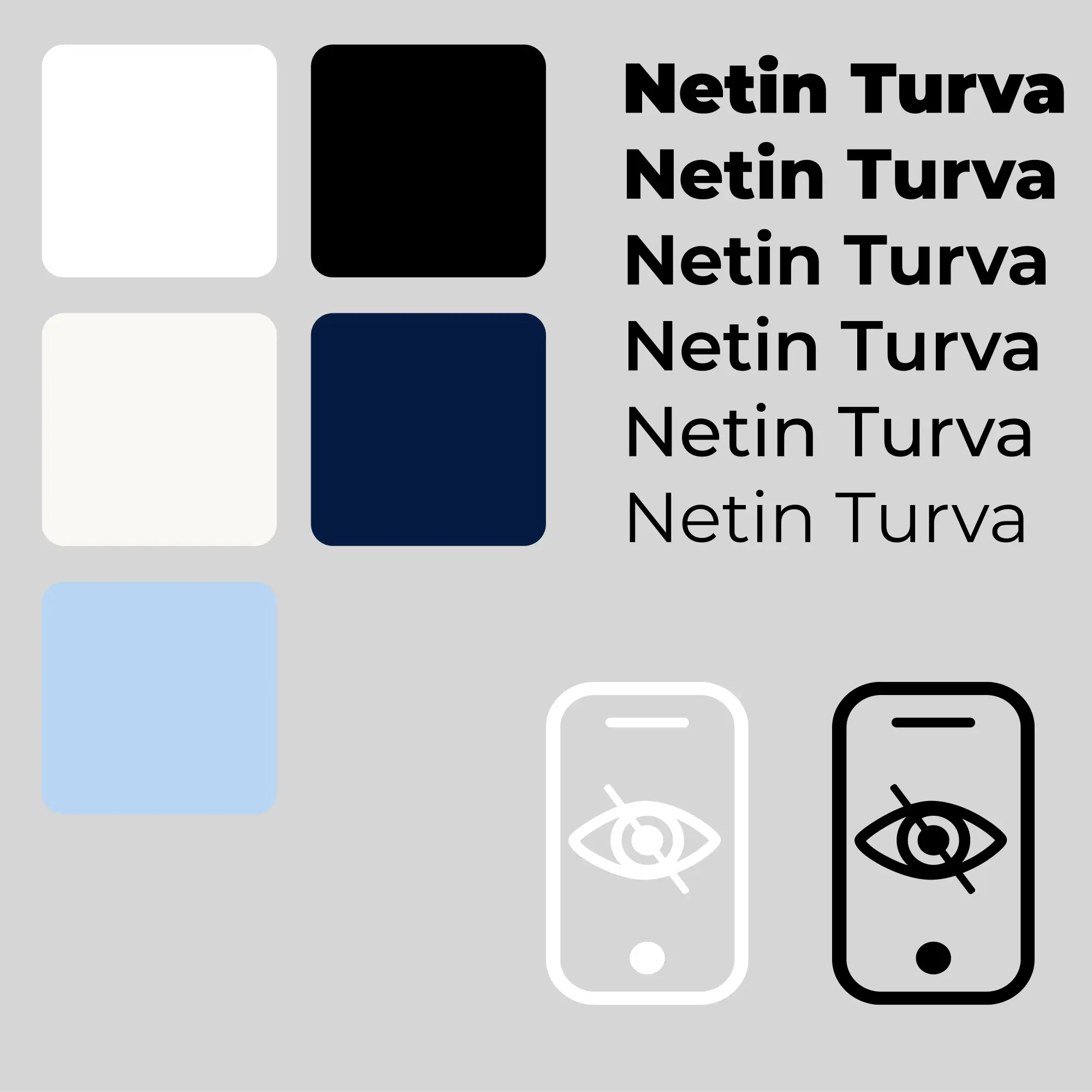 Color palette squares with text 'Netin Turva' in various boldness and stylized phone icons with crossed eyes.