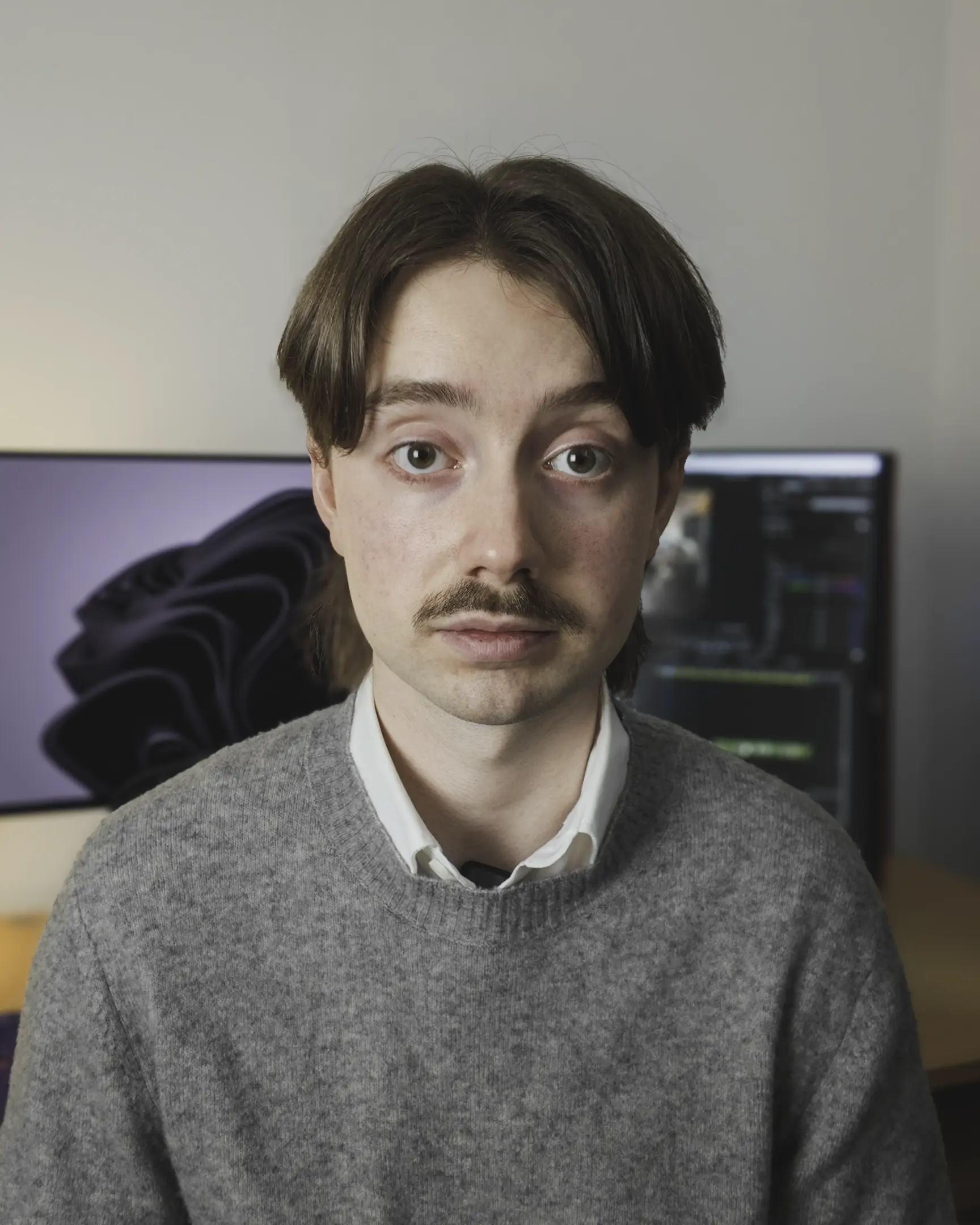 Young man with parted hair and mustache wearing gray sweater in front of computer monitors.