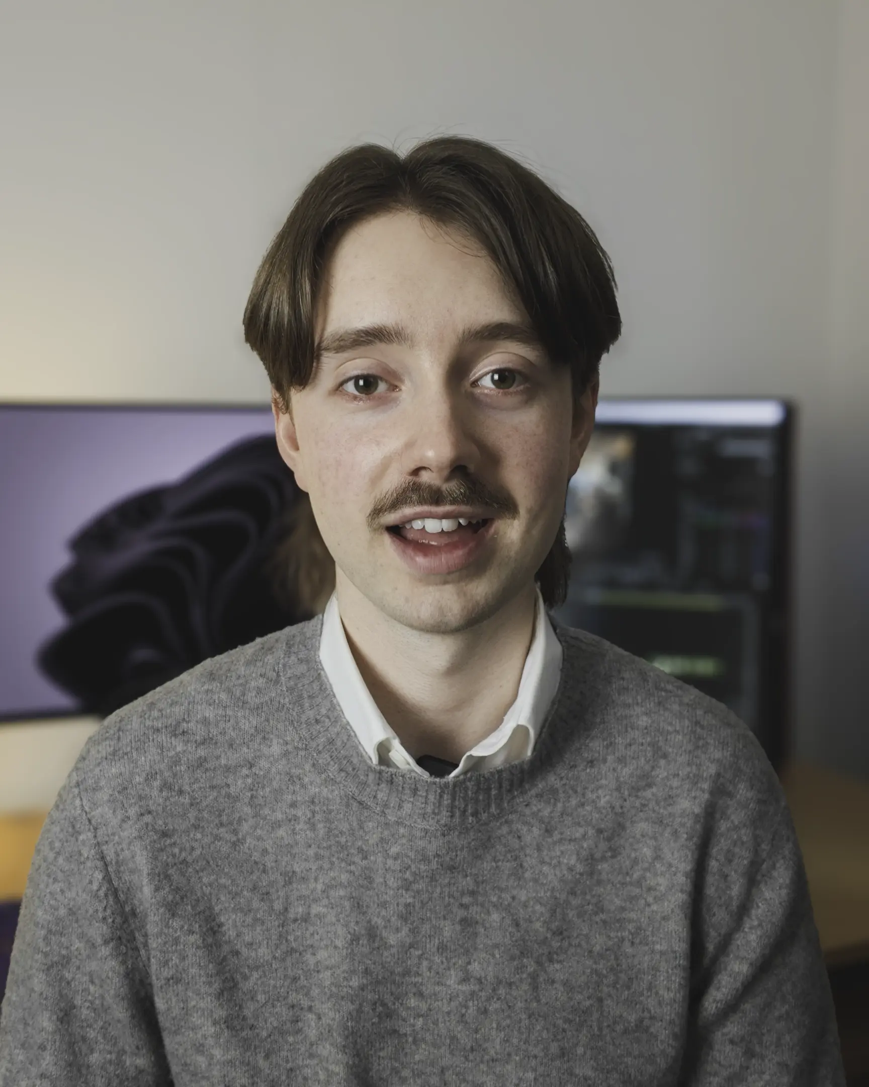Young man with brown hair and mustache wearing gray sweater and white shirt, sitting indoors.