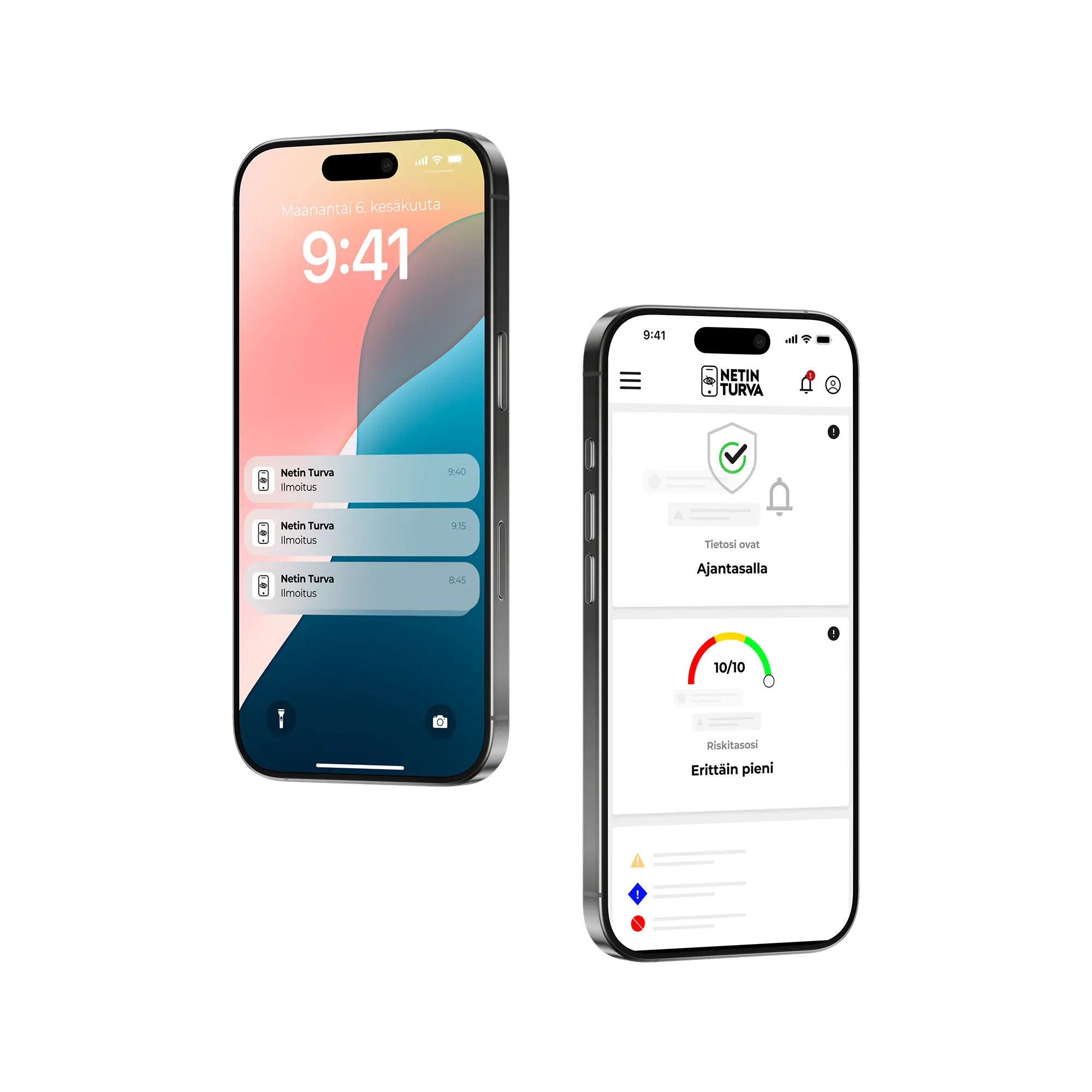 Two smartphones showing notifications and a security app screen with status and risk level indicators.