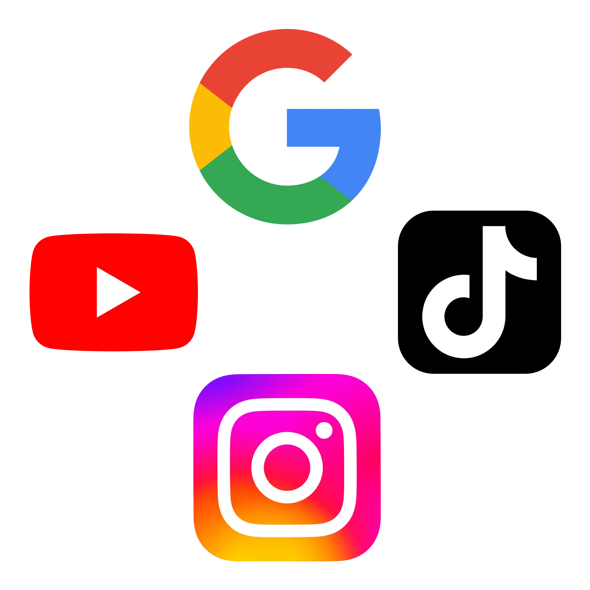 Logos of Google, YouTube, TikTok, and Instagram on a white background.