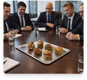 Platte voller belegter Früsteücksbrötchen in einem Meeting