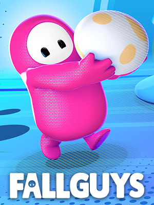 Pink Fall Guys character holding a spotted egg on a blue background with the text 'FALLGUYS' below.