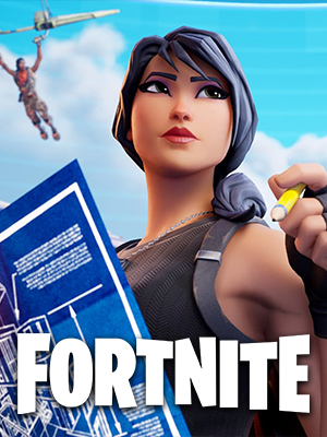 Fortnite character holding blueprints with another character gliding in the background and the Fortnite logo at the bottom.