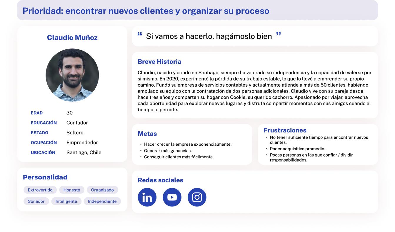 Perfil de Claudio Muñoz, emprendedor de 30 años en Santiago, Chile, con educación de contador y soltero, que busca crecer su empresa y conseguir más clientes.