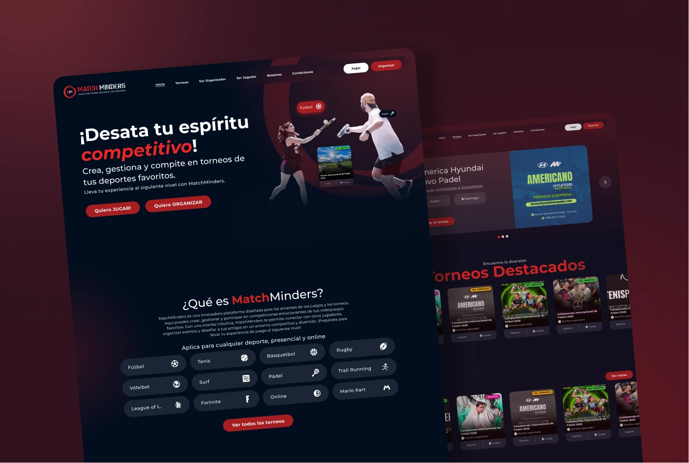 Pantalla del sitio web de MatchMinders que invita a desatar el espíritu competitivo creando y gestionando torneos de deportes favoritos como fútbol, tenis, básquetbol y e-sports.