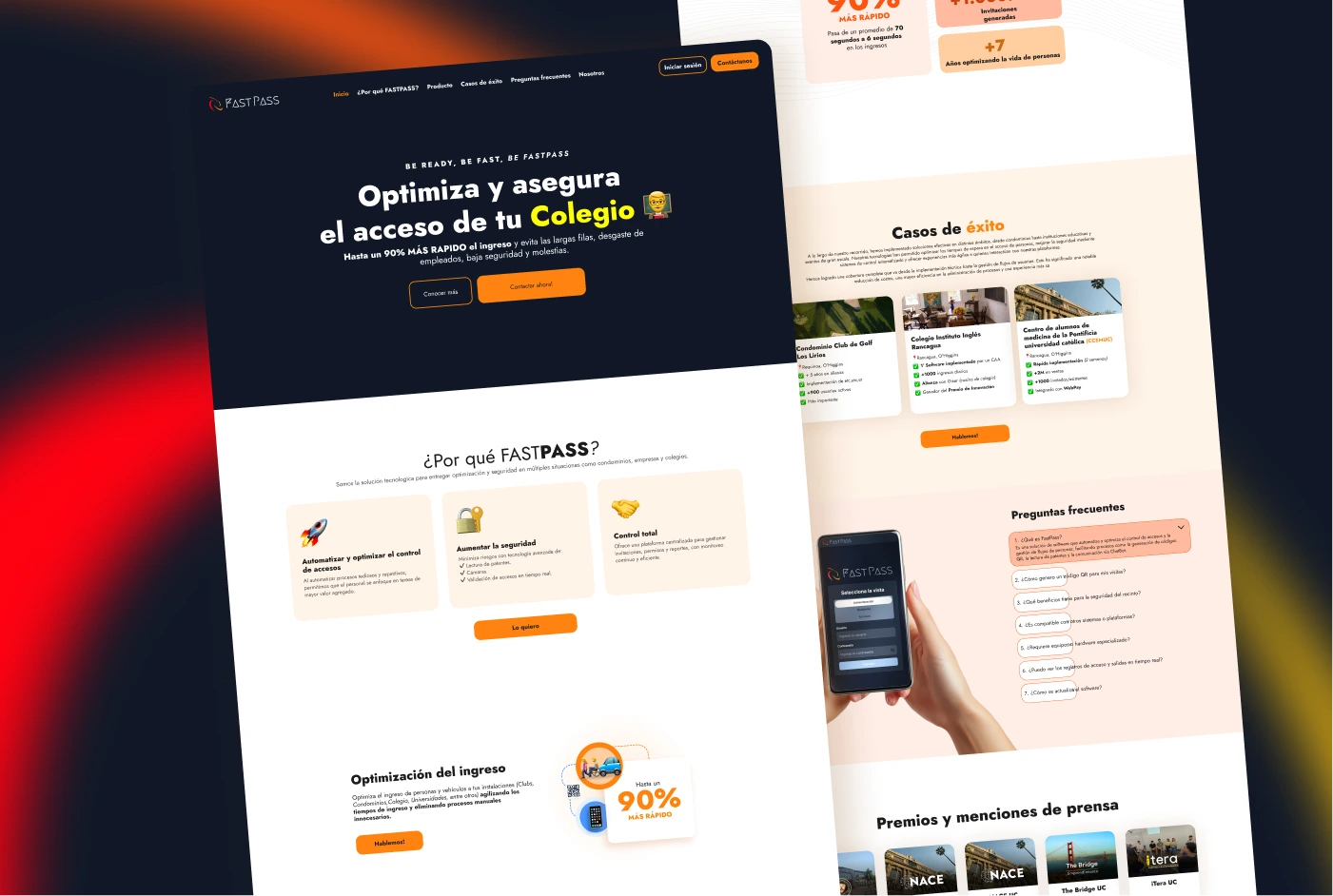 Página web de FastPass mostrando optimización y seguridad del acceso para colegios, con ventajas como ingreso 90% más rápido y casos de éxito.