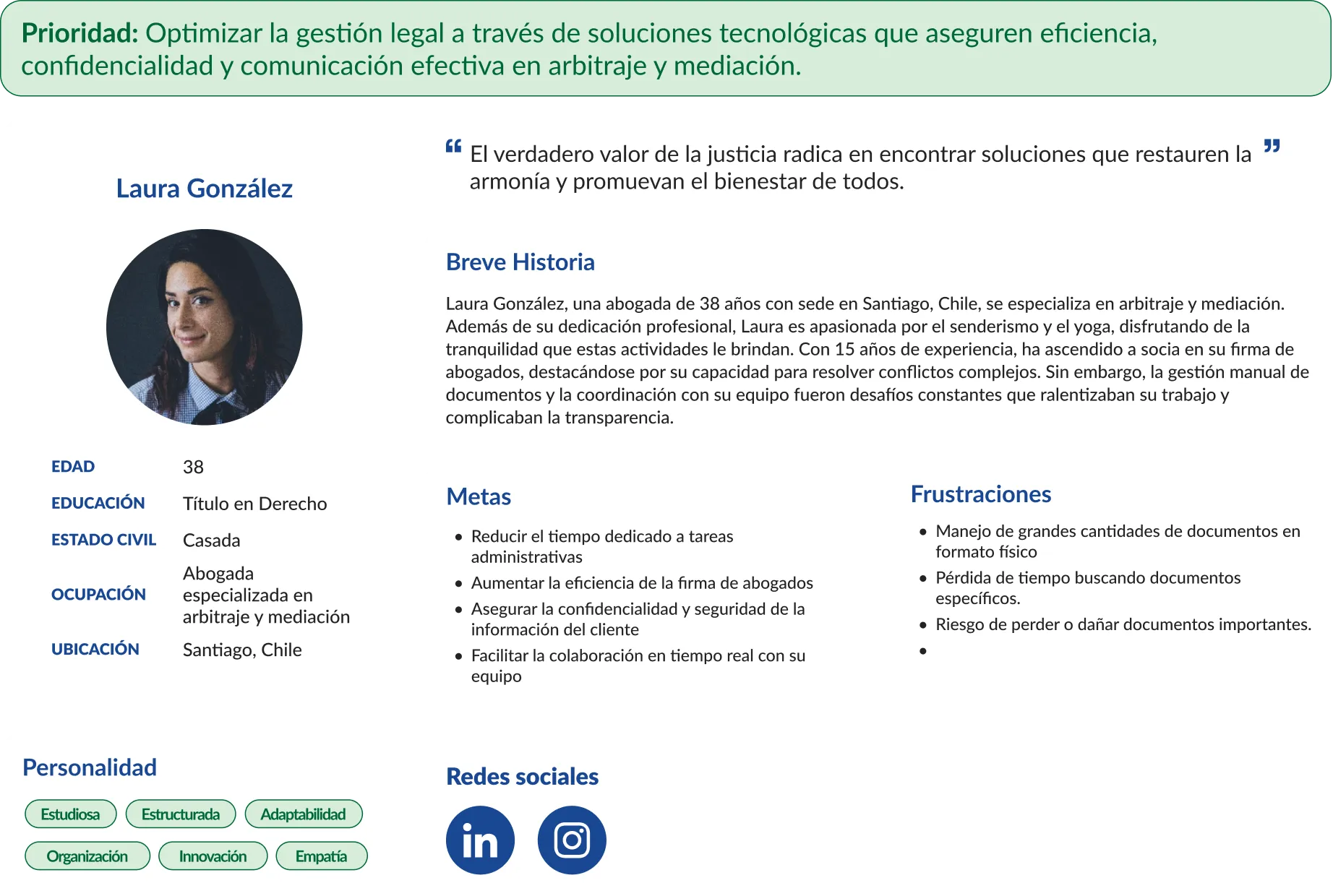 Perfil de Laura González, abogada en arbitraje y mediación en Santiago, con 38 años y 15 de experiencia.