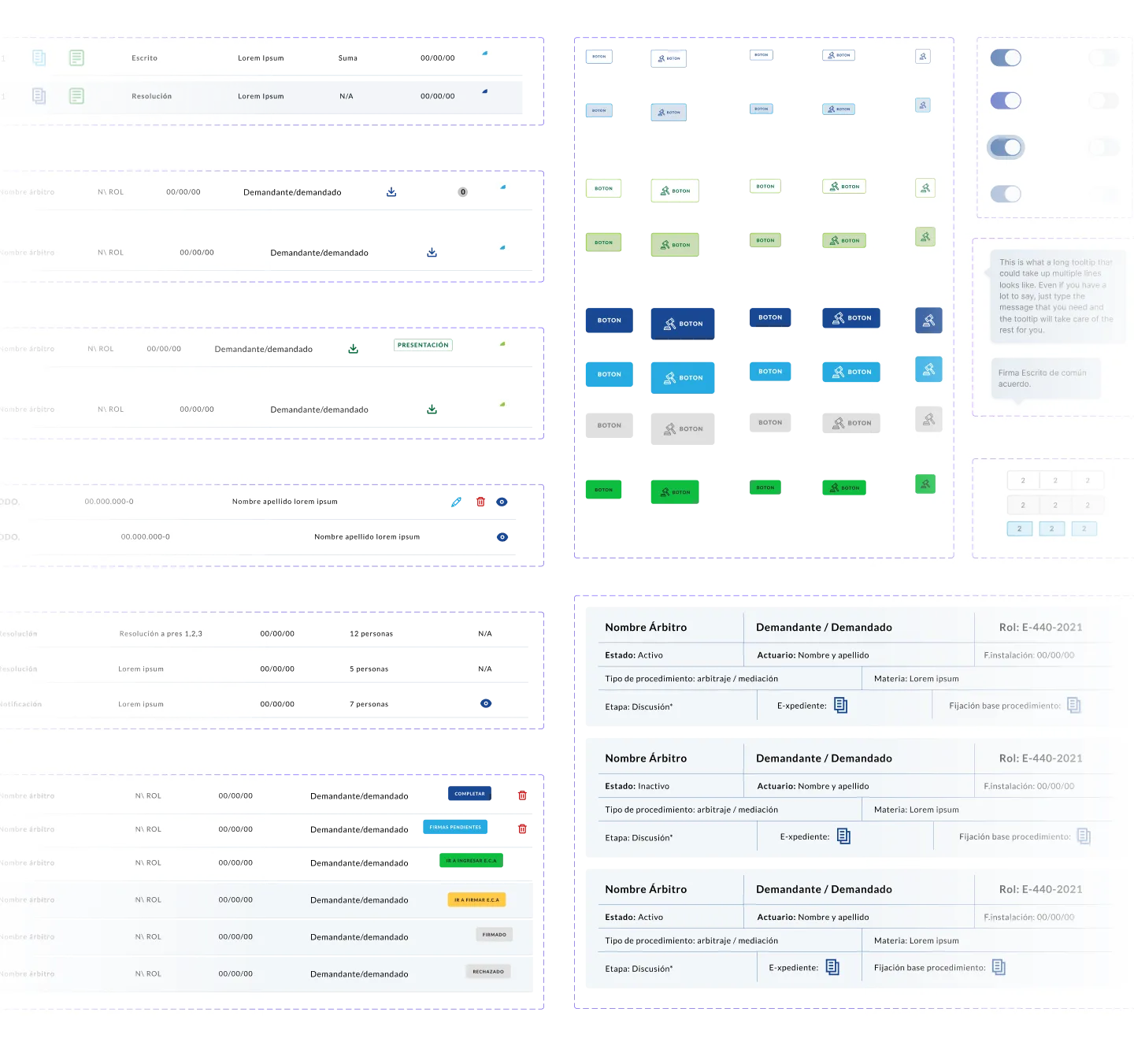 Varias tablas y botones de interfaz para gestión de casos con opciones de estado y documentos.