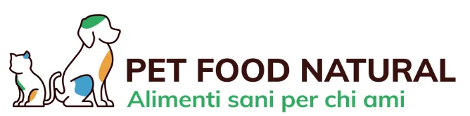 Logo with stylized cat and dog silhouettes with green, orange, and blue spots beside the text 'PET FOOD NATURAL' and the Italian phrase 'Alimenti sani per chi ami'.