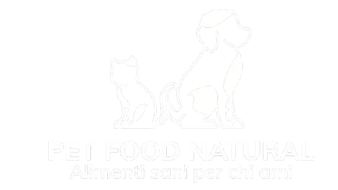 White silhouette logo of a sitting cat and dog above the text 'PET FOOD NATURAL' and Italian phrase 'Alimenti sani per chi ami' on a black background.