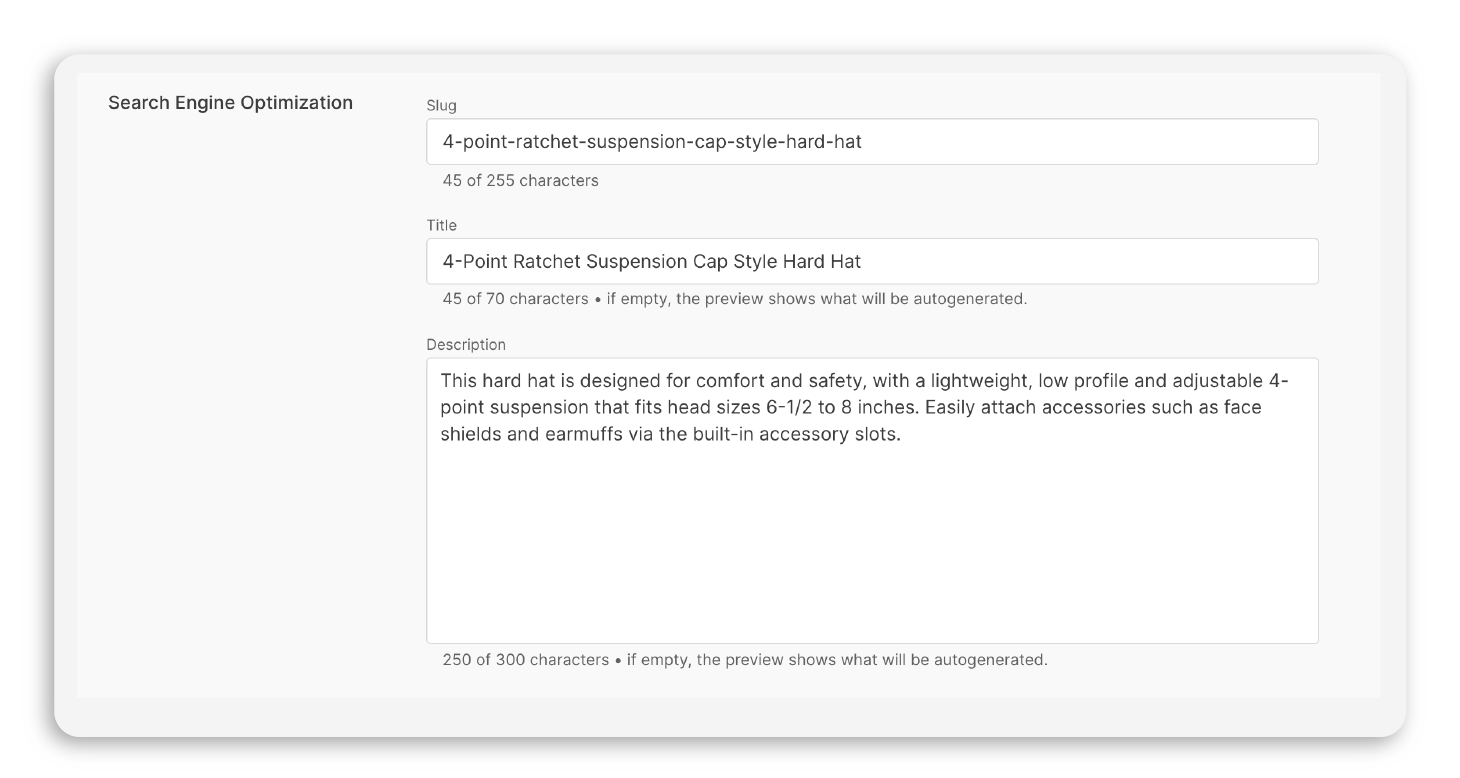 Example of SEO fields in Nautical