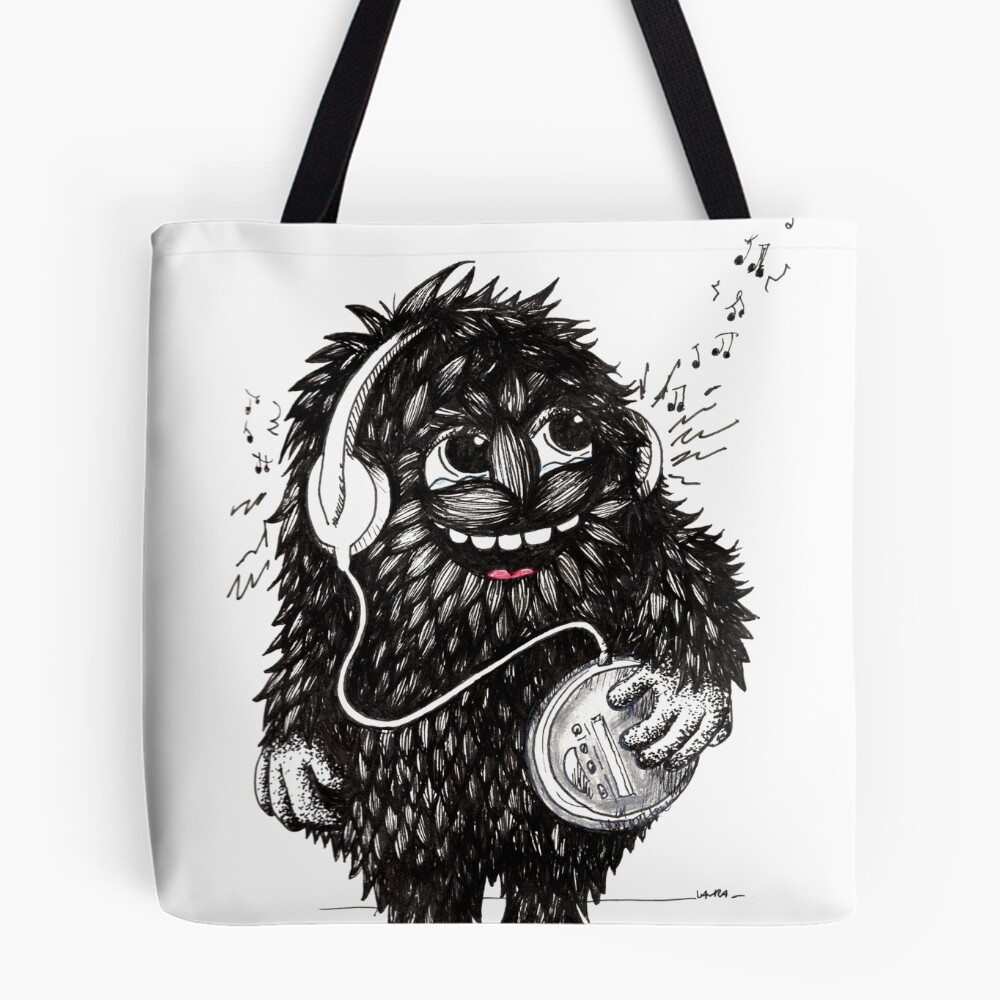 Illustration printed on a bag of a black Monster listening music with CD-Player.
