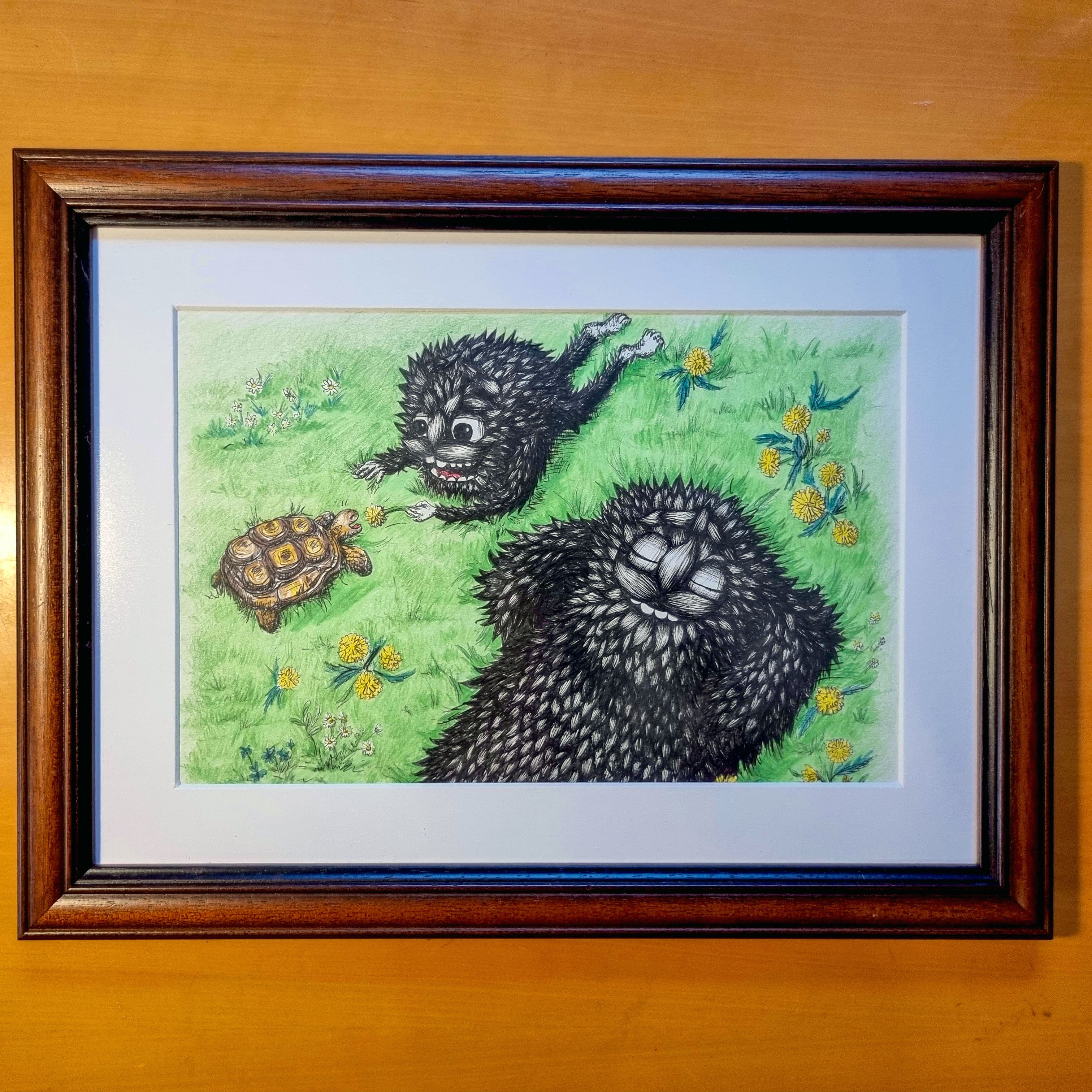 Cute drawing of a big black furry monster with his child in garden. The small monster is feeding a turtle.