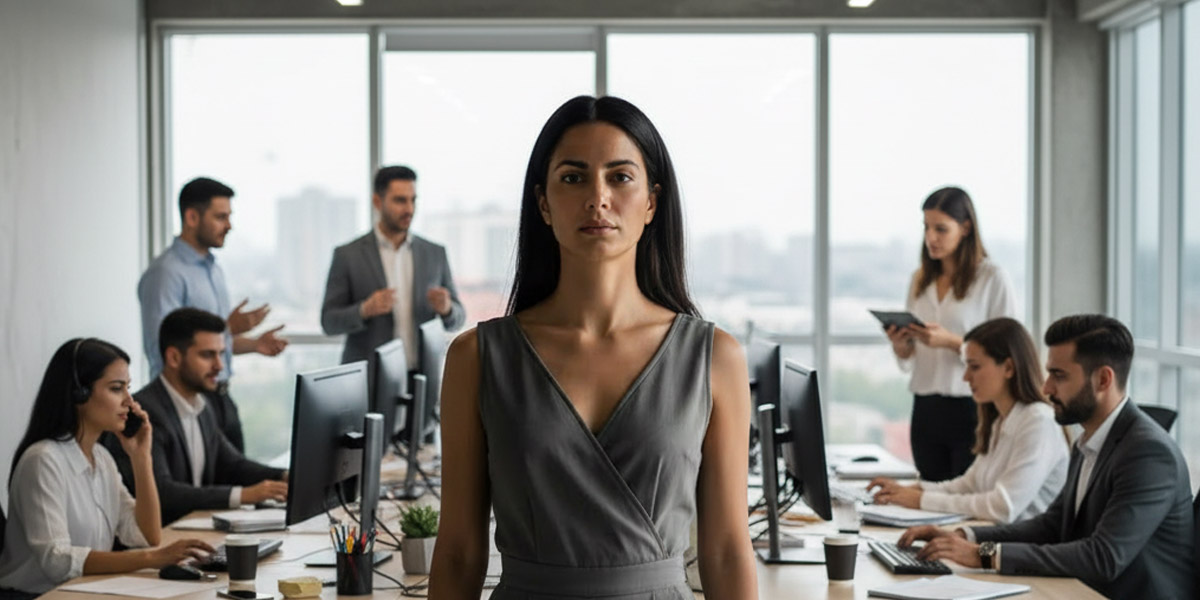 Frau steht im Vordergrund in einem modernen Büro, während Kollegen im Hintergrund an Computern arbeiten und sich unterhalten.