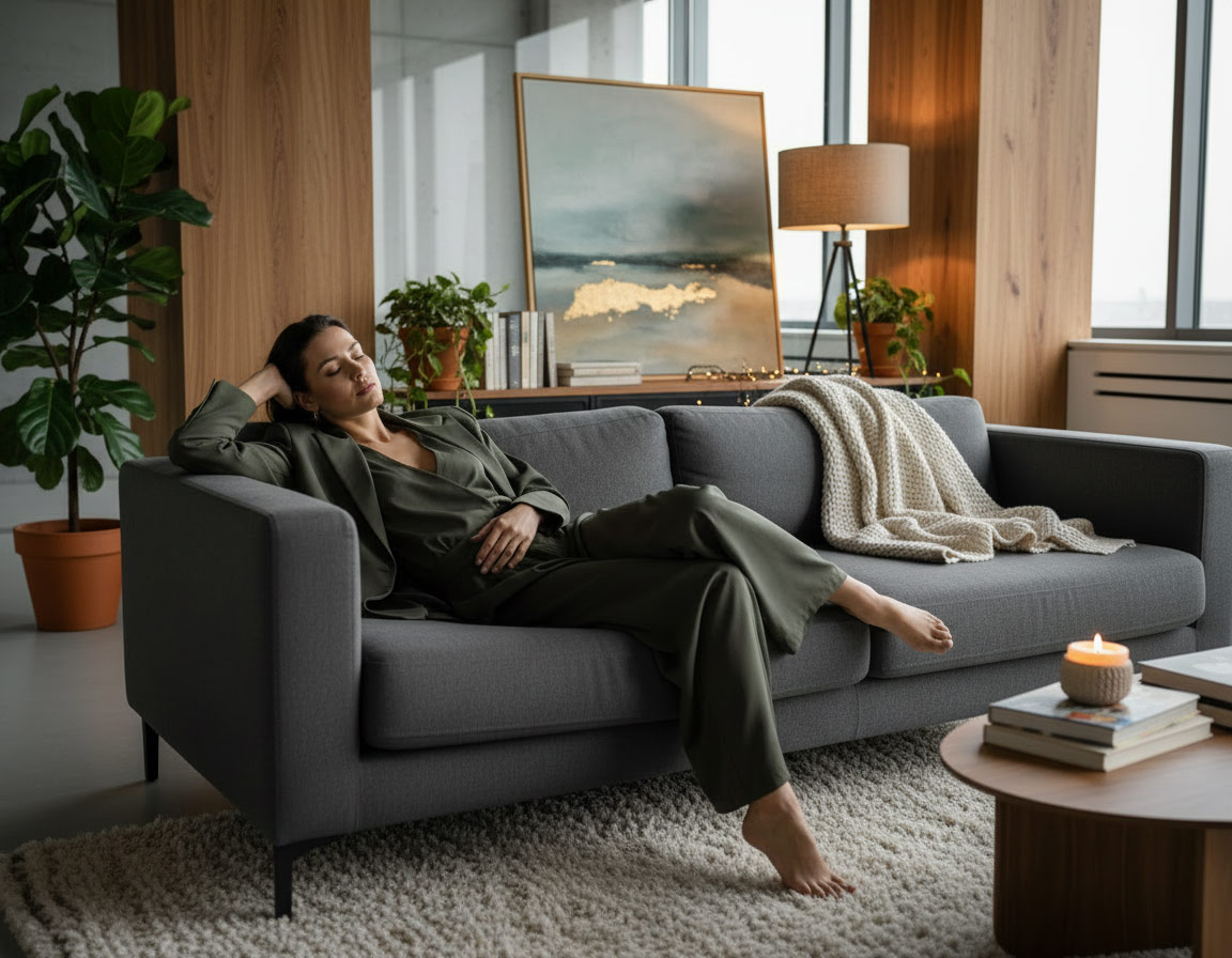 Frau in grünem Anzug entspannt sich mit geschlossenen Augen auf einem grauen Sofa in einem modern eingerichteten Raum mit Pflanzen, Decke und Kerze.