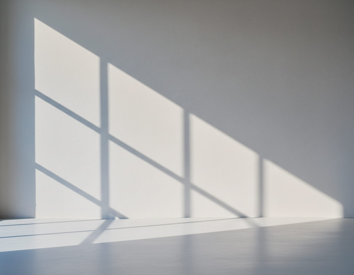 Sonnenlicht wirft das Schattenmuster eines Fensters mit Gitter auf eine weiße Wand und einen glatten Boden.