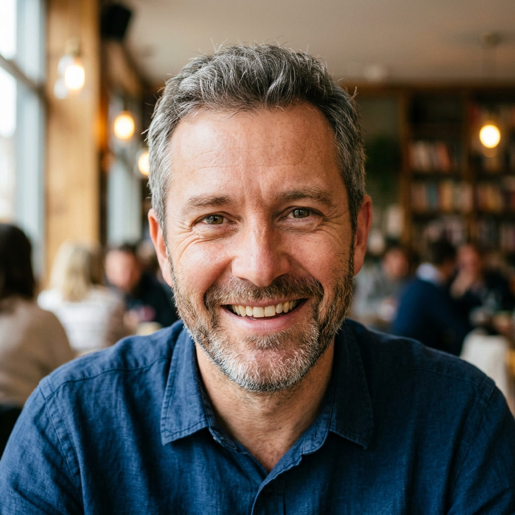 Lächelnder Mann um die 45 Jahre mit grauem Haar und Bart in einem Café.