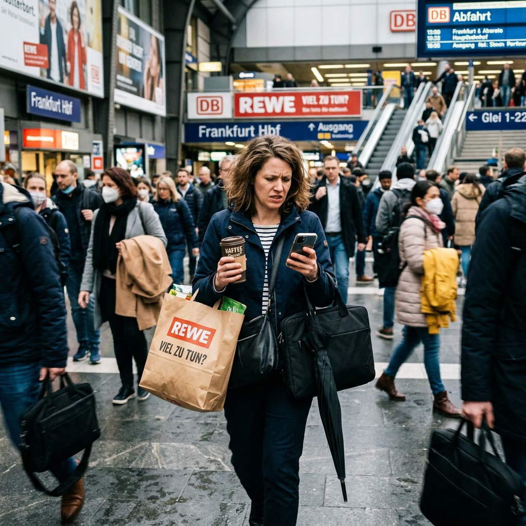 Genervte Frau in belebtem Bahnhof Frankfurt Hbf mit Einkaufstüte, Kaffee und Handy in der Hand.