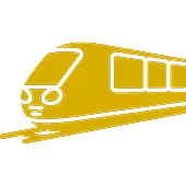 Gele pictogram van een trein op spoor.