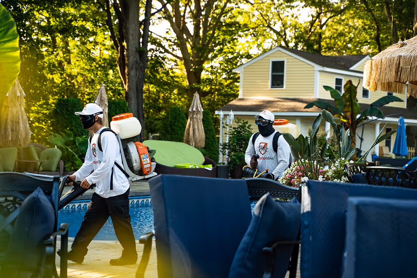 Two pest control workers in protective gear spraying around a backyard pool with lounge chairs and a yellow house in the background.
