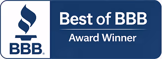 Blue and white Better Business Bureau (BBB) Best of BBB Award Winner logo.