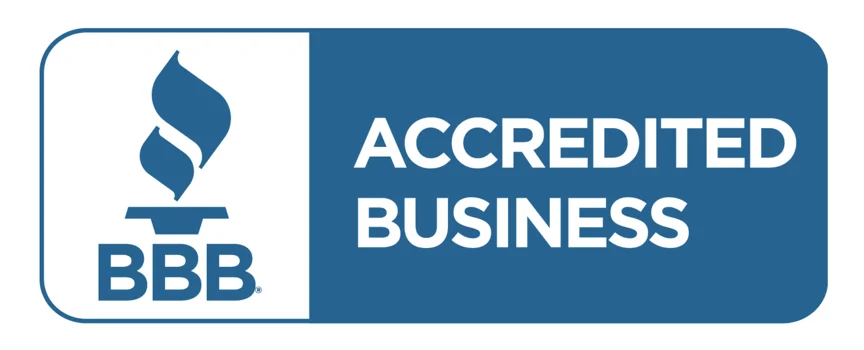 Better Business Bureau (BBB) Accredited Business logo with a stylized torch and text on blue and white background.