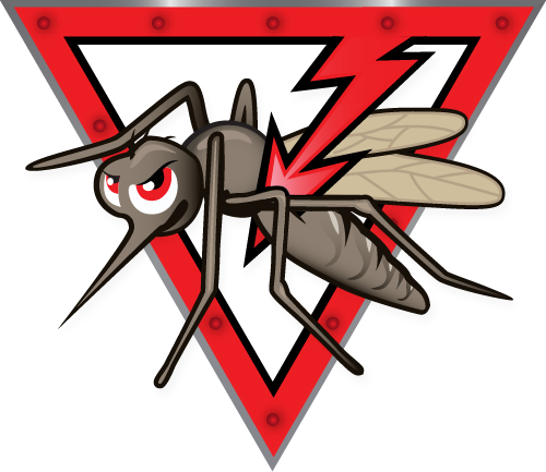 Cartoon mosquito with an angry expression and red lightning bolt on its back over a red and gray triangle background.