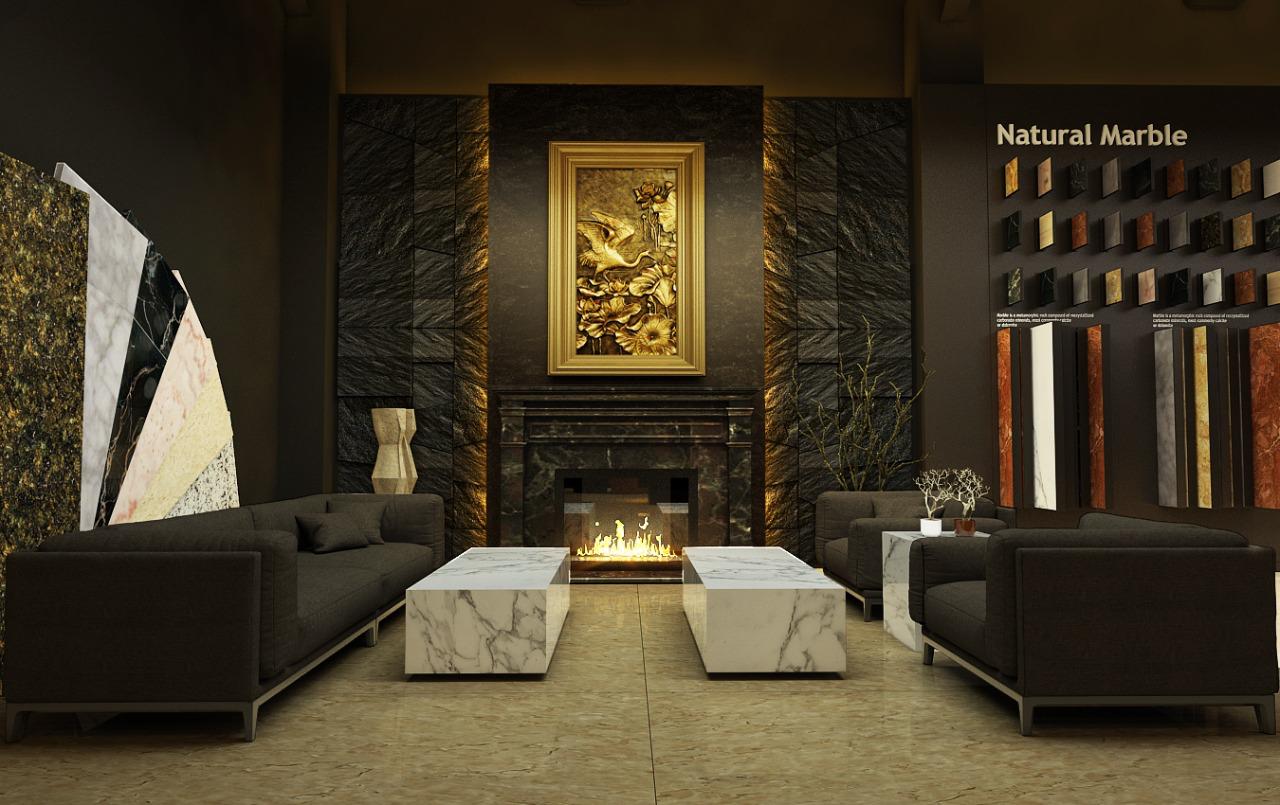 Modern interior with dark sofas, marble coffee tables, a lit fireplace, golden framed artwork, and a natural marble display wall.