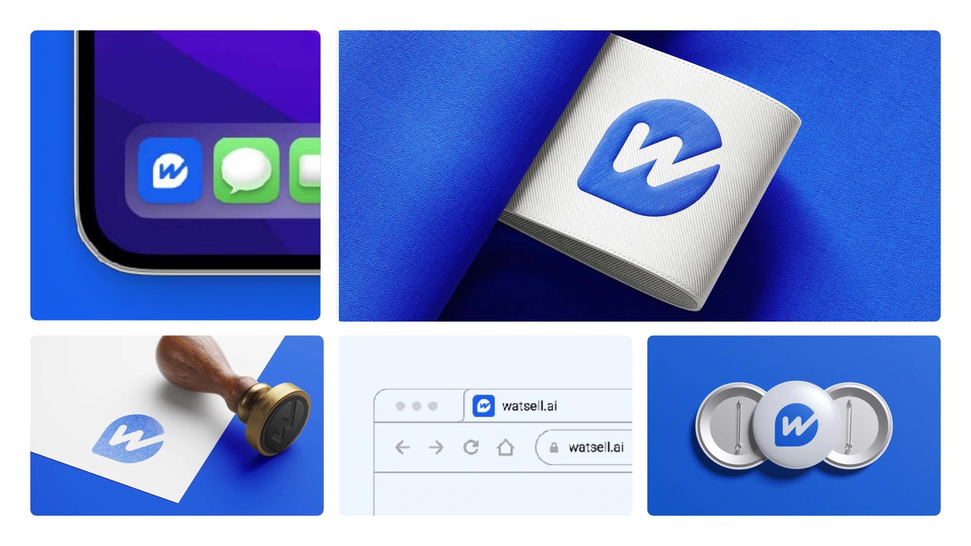 Watsell identity studies across an app icon, woven label, stamp, browser icon and badges.