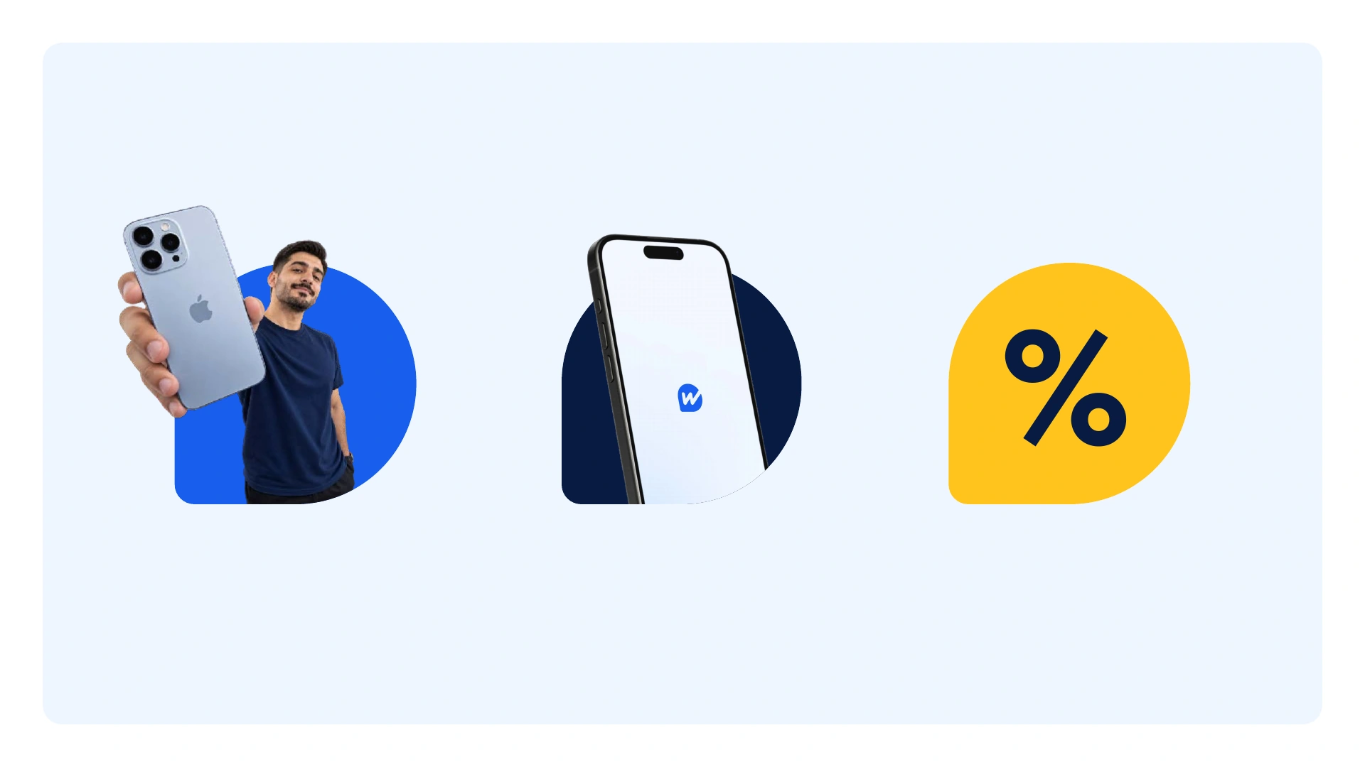 Three Watframe applications featuring a person with a phone, a branded phone screen and a yellow percent symbol.