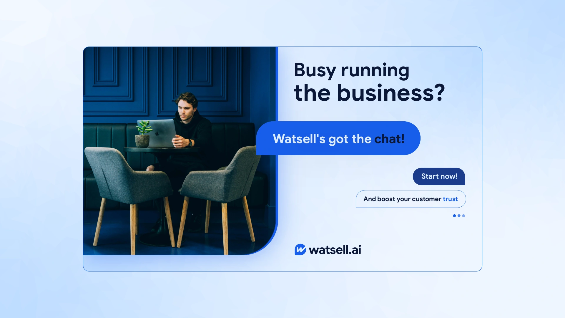 Watsell communication study combining a man working in a cafe with blue conversation shapes.