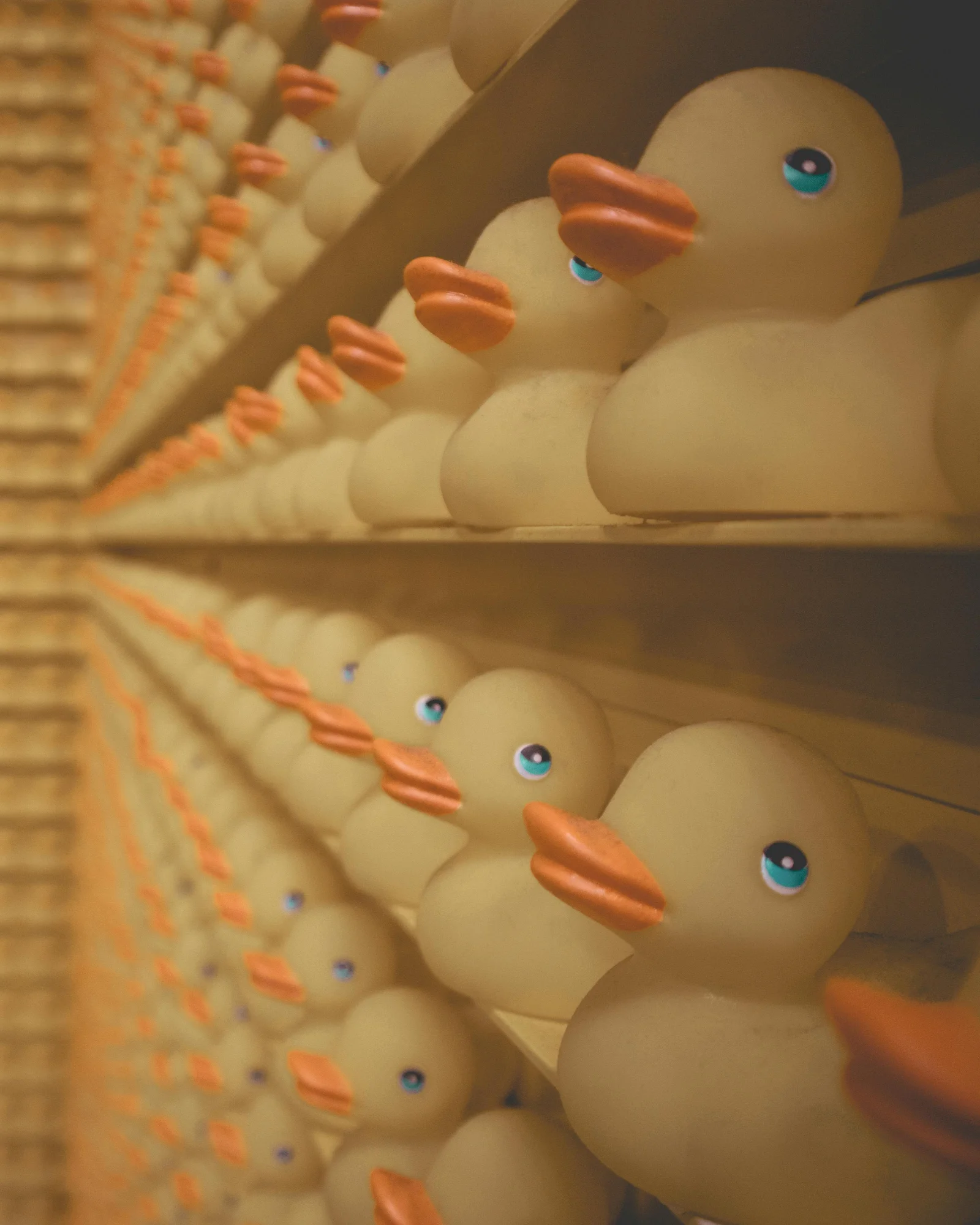 Multiple rows of identical yellow rubber ducks with orange beaks and blue eyes lined up on shelves.