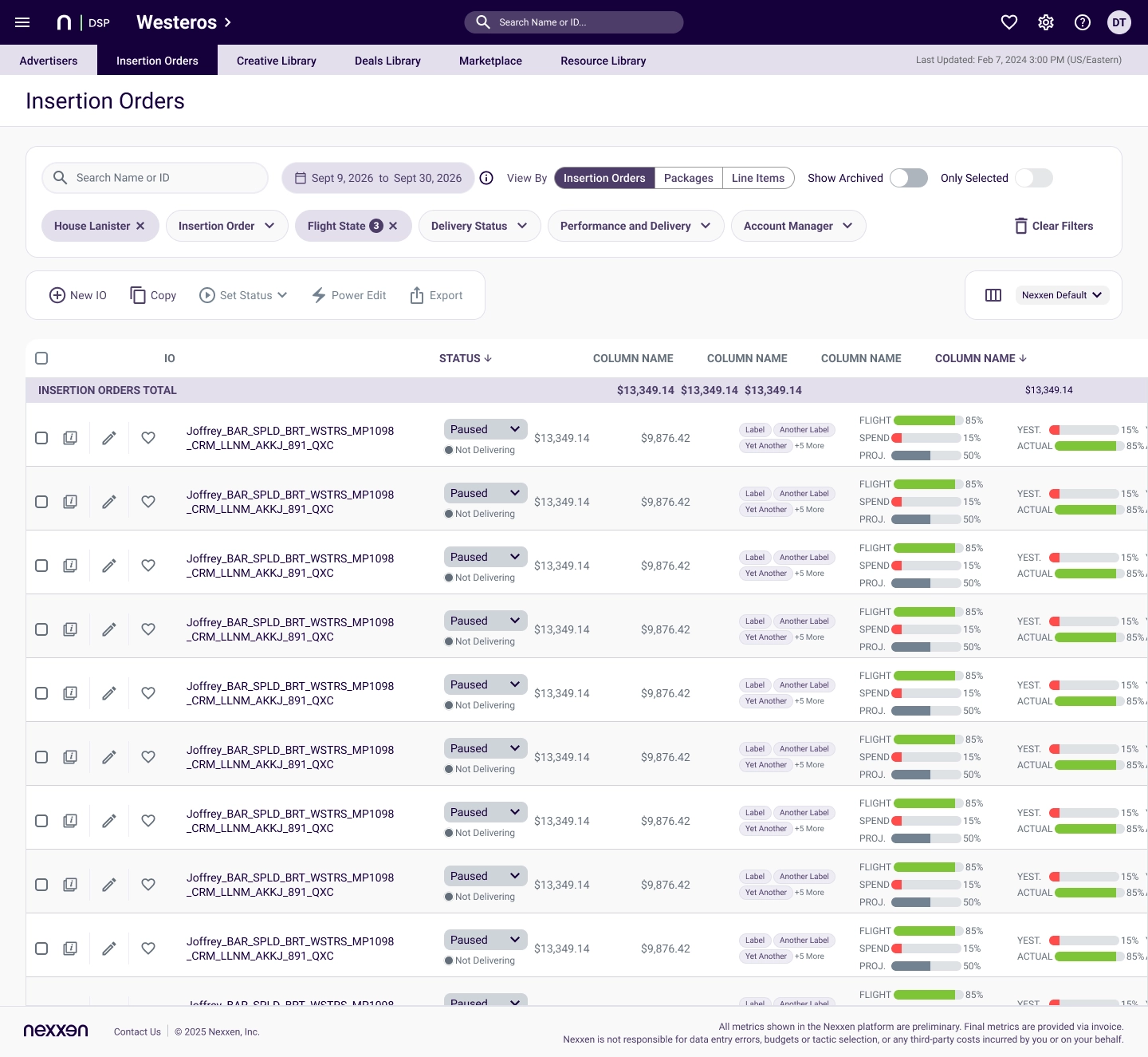 Dashboard interface showing insertion orders list for advertiser House Lanister with filters set for date range, insertion order status as paused, and other delivery and performance options, displaying multiple entries with order details and performance bars.