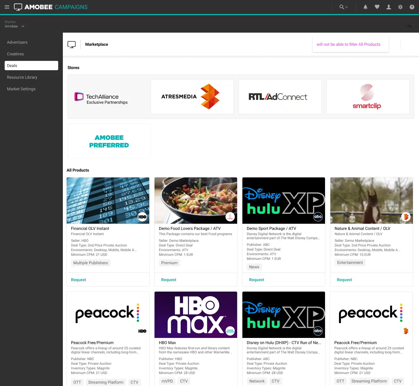 Dashboard interface of Amobee Campaigns Marketplace showing stores like TechAlliance, ATRESMEDIA, and products including HBO Max, Peacock, and Disney Hulu XP.